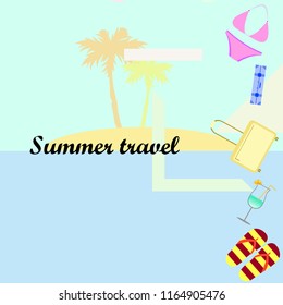summer travel suitcase swimsuit flip flops cocktail vector background