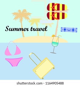 summer travel suitcase swimsuit flip flops cocktail vector background