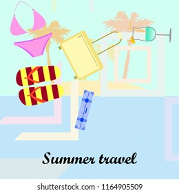 summer travel suitcase swimsuit flip flops cocktail vector background