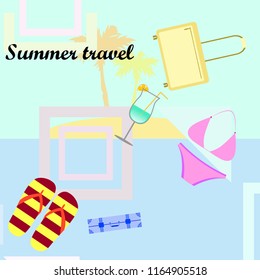 summer travel suitcase swimsuit flip flops cocktail vector background