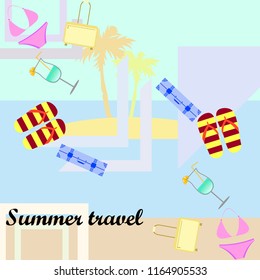 summer travel suitcase swimsuit flip flops cocktail vector background