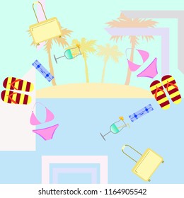 summer travel suitcase swimsuit flip flops cocktail vector background