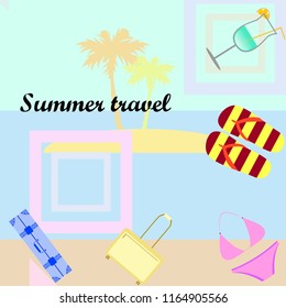 summer travel suitcase swimsuit flip flops cocktail vector background