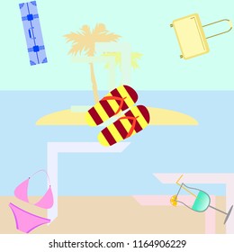 summer travel suitcase swimsuit flip flops cocktail vector background