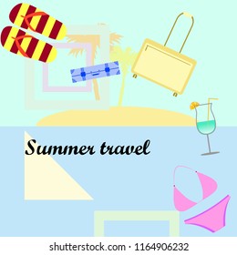 summer travel suitcase swimsuit flip flops cocktail vector background