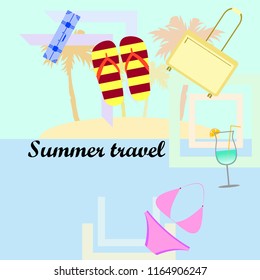 summer travel suitcase swimsuit flip flops cocktail vector background