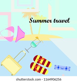 summer travel suitcase swimsuit flip flops cocktail vector background