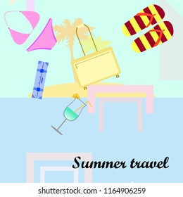 summer travel suitcase swimsuit flip flops cocktail vector background