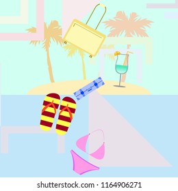 summer travel suitcase swimsuit flip flops cocktail vector background