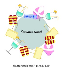 summer travel suitcase swimsuit flip flops cocktail vector background
