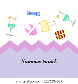 summer travel suitcase swimsuit flip flops cocktail vector background