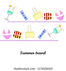 summer travel suitcase swimsuit flip flops cocktail vector background