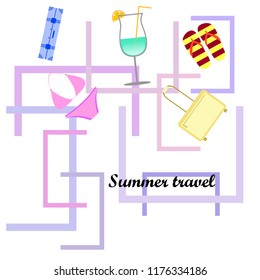 summer travel suitcase swimsuit flip flops cocktail vector background