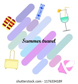 summer travel suitcase swimsuit flip flops cocktail vector background