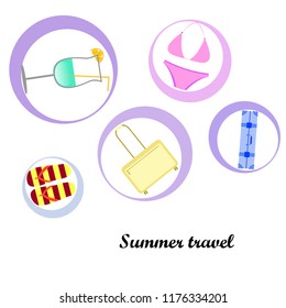 summer travel suitcase swimsuit flip flops cocktail vector background