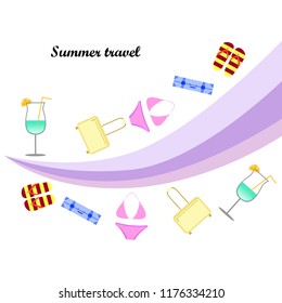 summer travel suitcase swimsuit flip flops cocktail vector background