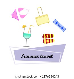 summer travel suitcase swimsuit flip flops cocktail vector background