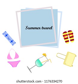 summer travel suitcase swimsuit flip flops cocktail vector background