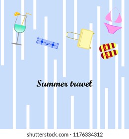 summer travel suitcase swimsuit flip flops cocktail vector background