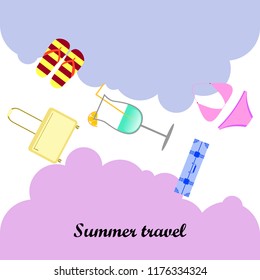 summer travel suitcase swimsuit flip flops cocktail vector background