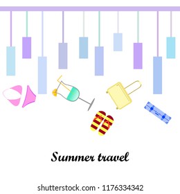 summer travel suitcase swimsuit flip flops cocktail vector background
