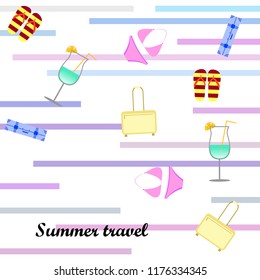 summer travel suitcase swimsuit flip flops cocktail vector background