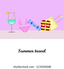 summer travel suitcase swimsuit flip flops cocktail vector background