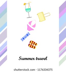 summer travel suitcase swimsuit flip flops cocktail vector background