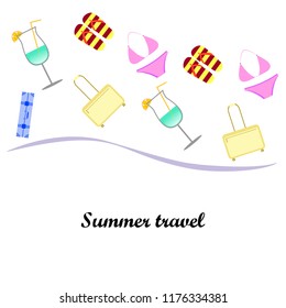 summer travel suitcase swimsuit flip flops cocktail vector background
