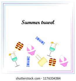 summer travel suitcase swimsuit flip flops cocktail vector background