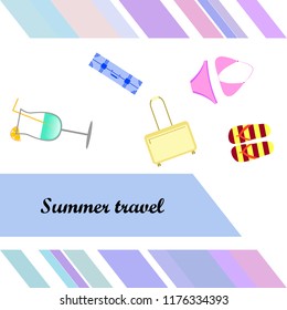 summer travel suitcase swimsuit flip flops cocktail vector background