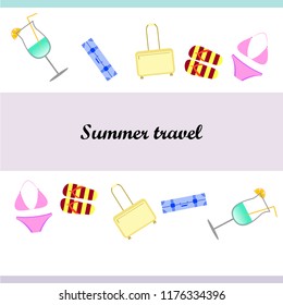 summer travel suitcase swimsuit flip flops cocktail vector background