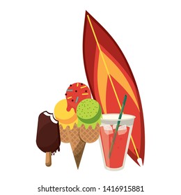 Summer and travel surf table and ice creams with juice cup cartoons vector illustration graphic design