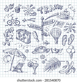 Summer and travel symbols on a square paper seamless background. Hand drawn doodle set.