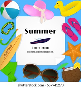 Summer travel template with beach accessories such as surfboard, cocktail, sunglasses. A piece of paper with a bent corner on a blue background with summertime vacation items. Vector illustration.