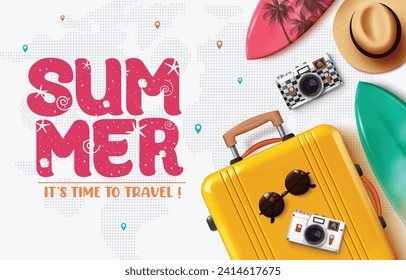 Summer travel text vector design. Simmer time to travel text with luggage, camera, hat and surfboard vacation elements. Vector illustration summer time seasonal design. 
