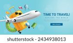 Summer travel time vector banner design. Travel time text with airplane, bag luggage and floaters elements for website booking advertisement background. Vector illustration travel tours promotion. 

