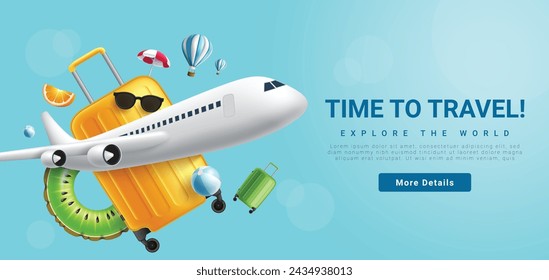 Summer travel time vector banner design. Travel time text with airplane, bag luggage and floaters elements for website booking advertisement background. Vector illustration travel tours promotion. 
