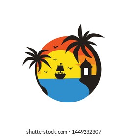 summer Travel and tour agency vector logo design. Beach, Sea, Sunset, Template

