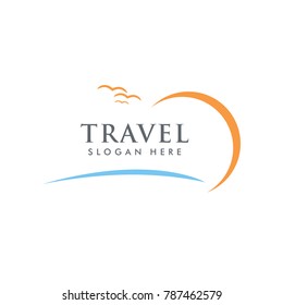 summer Travel and tour agency vector logo design. Beach, Sea, Sunset, Template