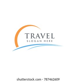 summer Travel and tour agency vector logo design. Beach, Sea, Sunset, Template