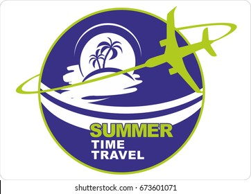 Summer travel and tourism background.Logo for travel on a sticker, poster, card, business card for a travel company.Vector icon.Picture tour in summer.