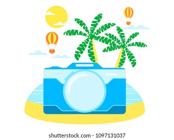 Summer travel, tourism. Collage with camera, palm trees and exotic island. Tourist season. Vector illustration