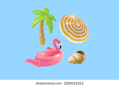 Summer Travel and Tourism Concept Element Set Include of Palm Tree and Flamingo Swimming Ring. Vector illustration