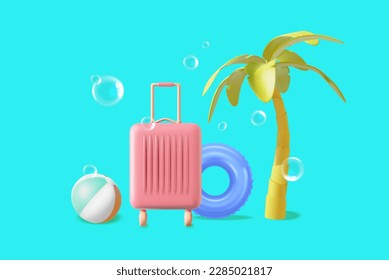 Summer Travel and Tourism Concept Element Set Plasticine Cartoon Style Include of Baggage, Ball and Palm Tree. Vector illustration