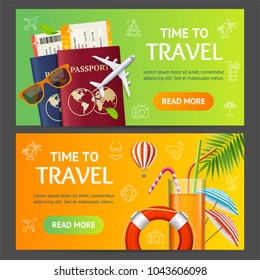 Summer Travel and Tourism Service Banner Realistic Detailed 3d Horizontal Set Include of Airplane and Green Palm Leaf. Vector illustration