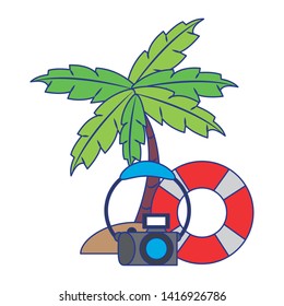 Summer and travel tree palm flaot and camera with headphones cartoons vector illustration graphic design