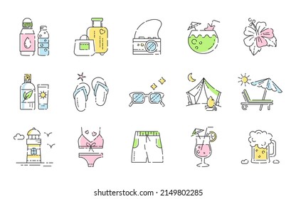 Summer Travel, Trip, Beach Party Icon Set. Vector Linear Symbol Illustration In Doodle Cute Style. Colorful Sun Cream Tube, Luggage, Cocktail, Sunglasses, Flip Flops, Swimsuit, Beer, Exotic Flowers.