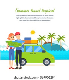 Summer travel tropical. Family trip to warm country in his car. Familiarity with the country, atmosphere of the surroundings, traditions, holidays. Can be used poster, invitation.
