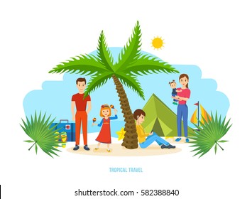 Summer travel tropical. Family trip to warm country in his car. Familiarity with the country, atmosphere of the surroundings, traditions, holidays. Vector illustration isolated on white background.